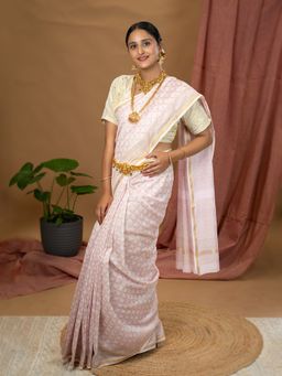 Ushvii - Malar Baby Pink Hand Block Print Saree with Unstitched Blouse