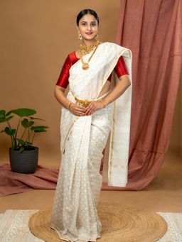 Ushvii - Malar White Hand Block Print Saree with Unstitched Blouse