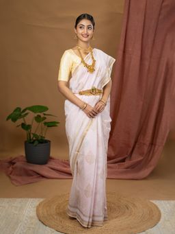 Ushvii - Malar Baby Pink Hand Block Print Saree with Unstitched Blouse