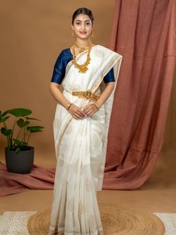 Ushvii - Malar White Hand Block Print Saree with Unstitched Blouse