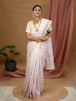 Ushvii - Malar Baby Pink Hand Block Print Saree with Unstitched Blouse