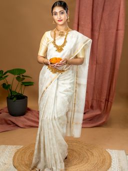 Ushvii - Malar White Hand Block Print Saree with Unstitched Blouse
