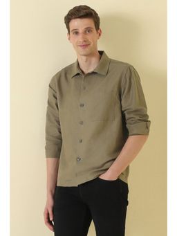 Allen Solly - Men Olive Cotton Linen Collar Neck Shirt