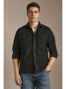 Louis Philippe - Men Black Cotton Blend Collar Neck Jacket