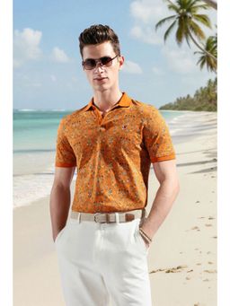 Louis Philippe - Men Orange Cotton Blend Collar Neck Polo T-Shirt