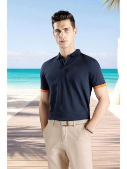 Louis Philippe - Men Navy Blue Cotton Blend Collar Neck Polo T-Shirt