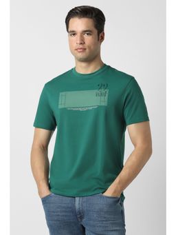 Peter England - Men Green Cotton Blend Round Neck T-Shirt