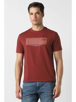 Peter England - Men Maroon Cotton Blend Round Neck T-Shirt