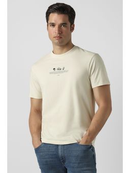 Peter England - Men Cream Cotton Blend Round Neck T-Shirt