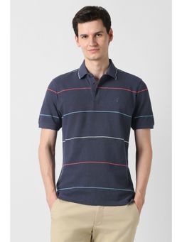 Peter England - Men Navy Blue Cotton Collar Neck Polo T-Shirt
