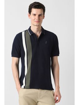 Peter England - Men Navy Blue Cotton Collar Neck Polo T-Shirt