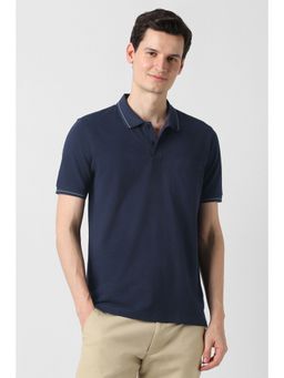 Peter England - Men Navy Blue Cotton Collar Neck Polo T-Shirt