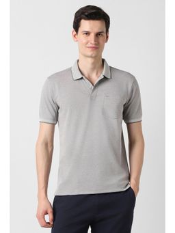 Peter England - Men Grey Cotton Blend Collar Neck Polo T-Shirt