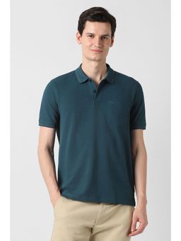 Peter England - Men Blue Cotton Collar Neck Polo T-Shirt