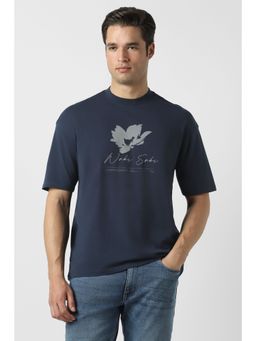 Peter England - Men Navy Blue Cotton Blend Round Neck T-Shirt