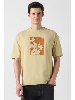 Peter England - Men Beige Cotton Blend Round Neck T-Shirt