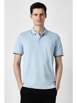 Peter England - Men Blue Cotton Blend Collar Neck Polo T-Shirt