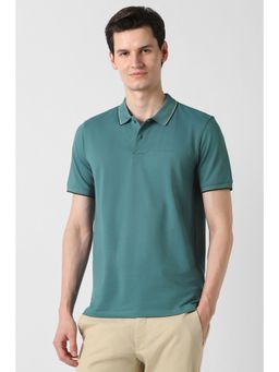 Peter England - Men Blue Cotton Blend Collar Neck Polo T-Shirt