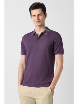 Peter England - Men Purple Cotton Blend Collar Neck Polo T-Shirt