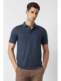 Peter England - Men Navy Blue Cotton Blend Collar Neck Polo T-Shirt