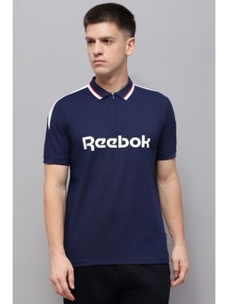 Reebok - Men Navy Blue Cotton Blend Collar Neck Polo T-Shirt