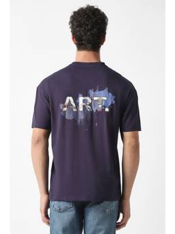 Van Heusen - Men Navy Blue Cotton Blend Crew Neck T-Shirt