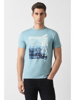 Van Heusen - Men Blue Cotton Blend Crew Neck T-Shirt