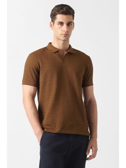 Van Heusen - Men Brown Cotton Blend Collar Neck Polo T-Shirt
