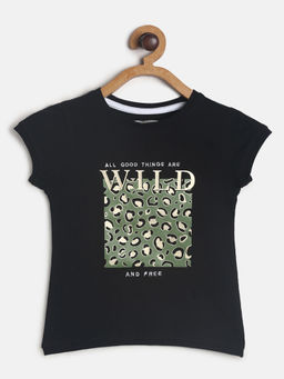 Tales & Stories - Girls Lycra Black Printed T-shirt