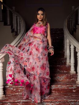 POMCHA - Pink Lotus Organza Saree With Unstitched Blouse