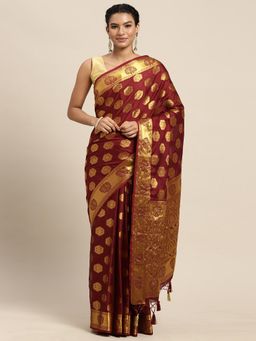 Mimosa - Women's Mysore Silk Pure Crepe Burgundy Saree with Unstitched Blouse