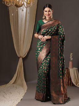 Akhilam - Womens Silk Blend Green Woven Design Saree with Unstitched Blouse