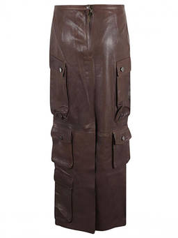 Fermas.Club - Brown Leather Cargo Long Skirt