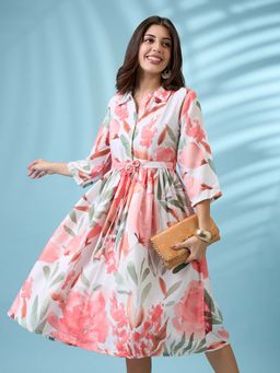 Globus - Women White Floral Midi Dress with Belt (Set of 2)