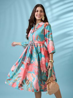 Globus - Women Green Floral Midi Dress with Belt (Set of 2)