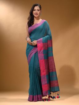 Arhi - Teal Cotton Handspun Soft Pompom Saree with Unstitched Blouse
