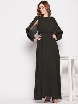 Madame - Olive Solid Round Neck Maxi Dress