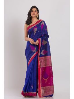 Angoshobha - Blue Blended Cotton Jamdani Saree with Unstitched Blouse