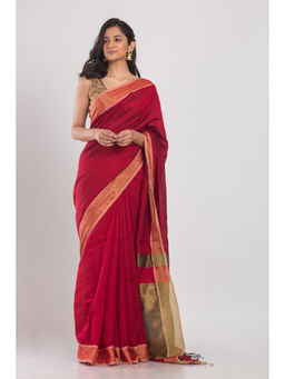 Angoshobha - Red Blended Cotton Woven Handloom Saree with Unstitched Blouse