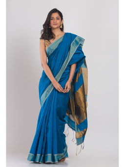 Angoshobha - Blue Blended Cotton Woven Handloom Saree with Unstitched Blouse