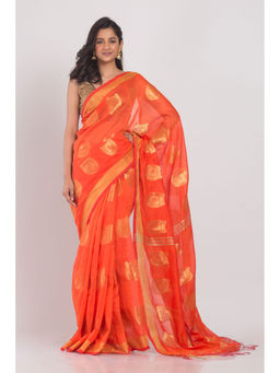 Angoshobha - All Over Cotton Silk Zari Work Orange Handloom Saree with Unstitched Blouse