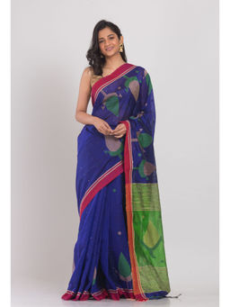 Angoshobha - Blue Blended Cotton Jamdani Saree with Unstitched Blouse