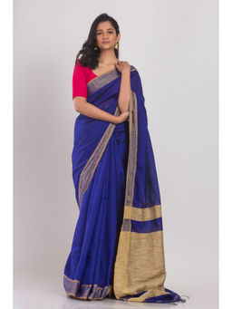 Angoshobha - Blue Blended Cotton Saree with Unstitched Blouse