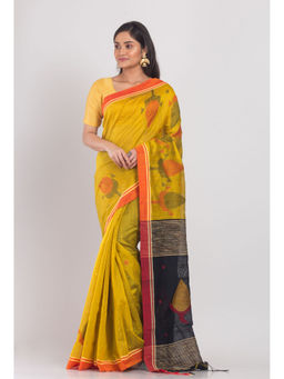 Angoshobha - Yellow Blended Cotton Jamdani Saree with Unstitched Blouse