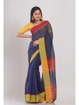 Angoshobha - Blue Handloom Blended Cotton Saree with Unstitched Blouse