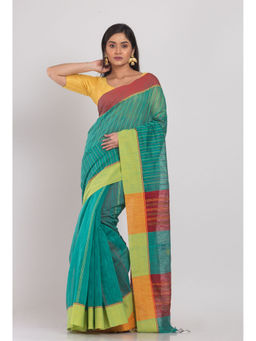 Angoshobha - Teal Handloom Blended Cotton Saree with Unstitched Blouse