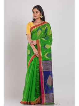 Angoshobha - Green Blended Cotton Jamdani Saree with Unstitched Blouse