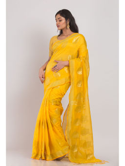 Angoshobha - Yellow Handloom Blended Cotton Saree with Unstitched Blouse