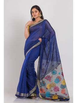 Angoshobha - Blue Handloom Blended Cotton Saree with Unstitched Blouse
