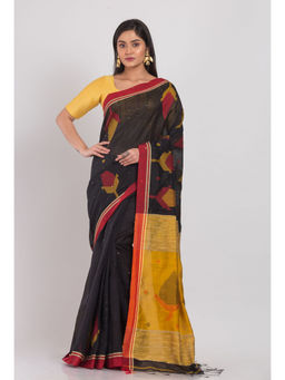 Angoshobha - Black Blended Cotton Jamdani Saree with Unstitched Blouse
